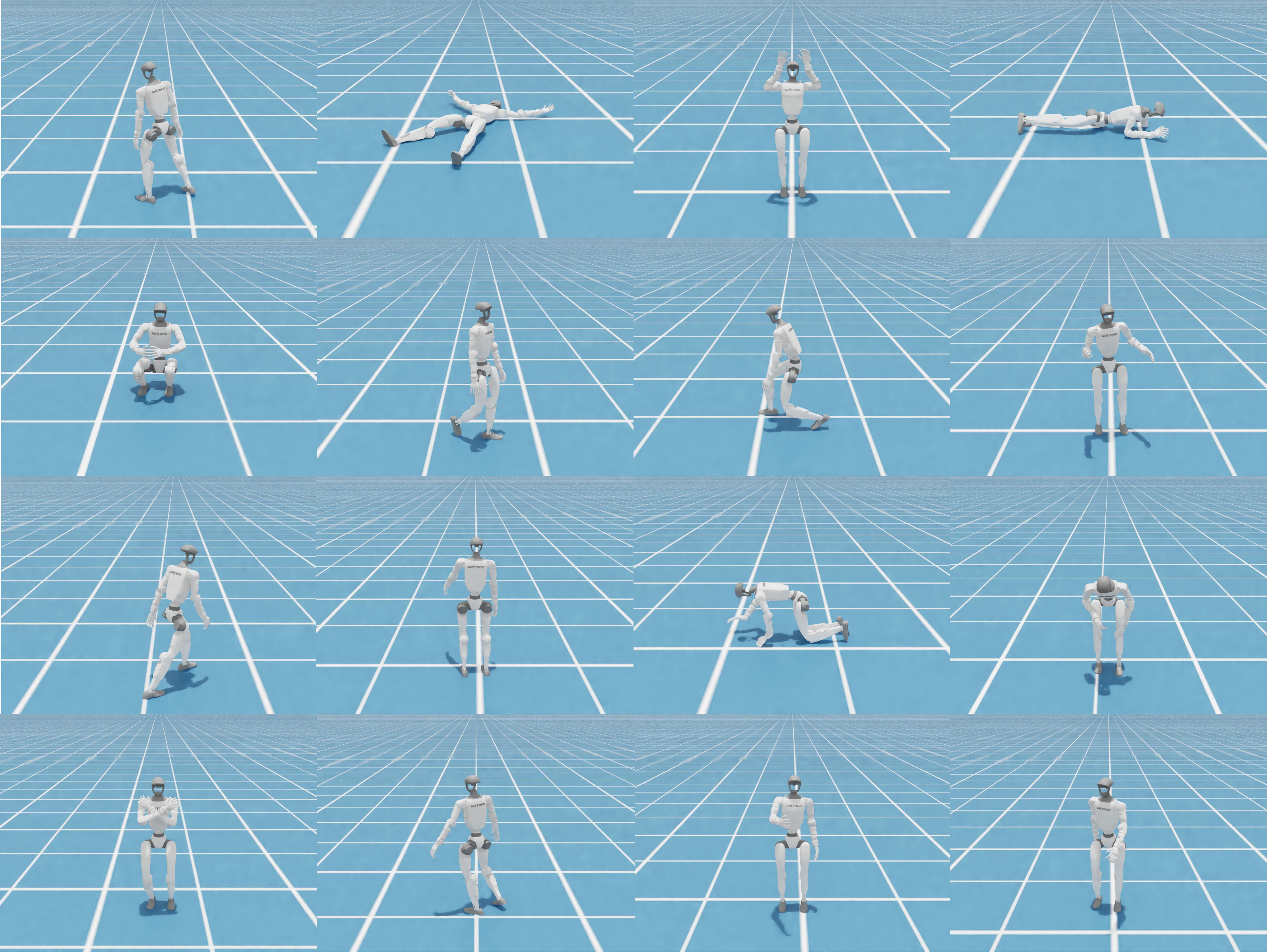 Qualitative visualization of diverse humanoid motion skills trained with HiPHI. The motions cover diverse whole-body behaviors, including standing, walking, sitting, lying down, cr...